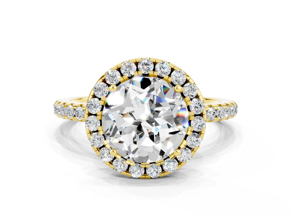 Yellow gold Round Cut Moissanite Halo Ring with Round Pavé Band and Prong Setting