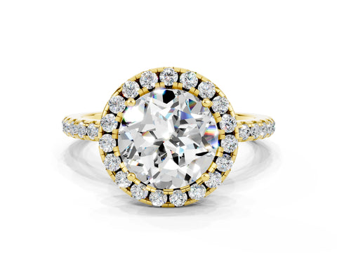 Yellow gold Round Cut Halo Round Diamond Pavé Band Four-Prong Ring
