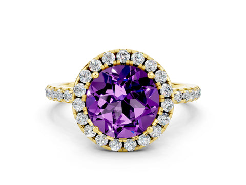 Yellow gold Round Cut Halo Round Diamond Pavé Band Four-Prong Ring