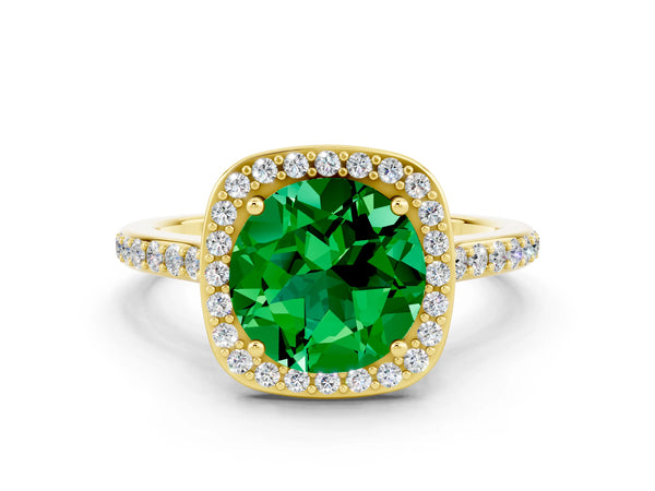 Yellow gold Round Cut Emerald Halo Engagement Ring with Round Pavé Shoulders and Prong Setting