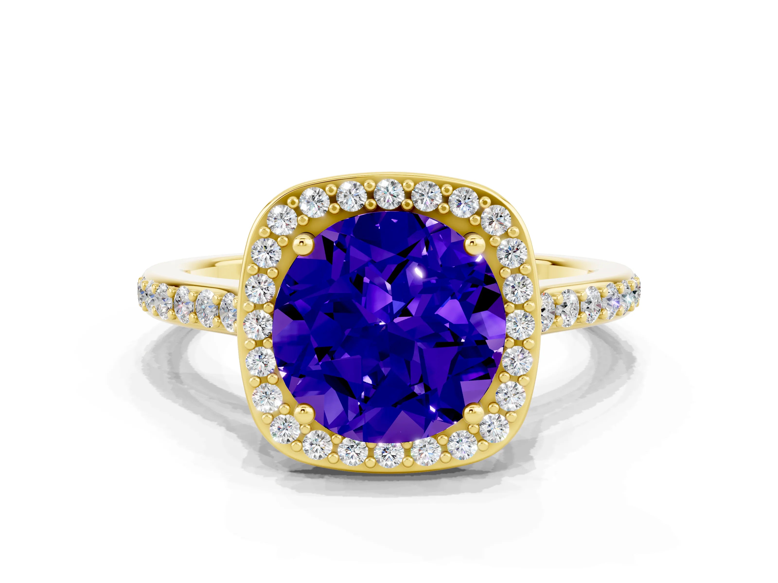 Yellow gold Round Cut Halo Round Diamond Pavé Band with Four-Prong Setting