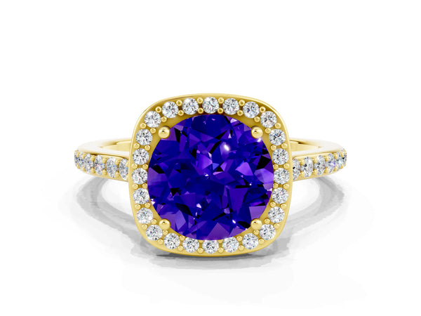 Yellow gold Round Cut Tanzanite Halo Engagement Ring with Round Pavé Shoulders and Prong Setting