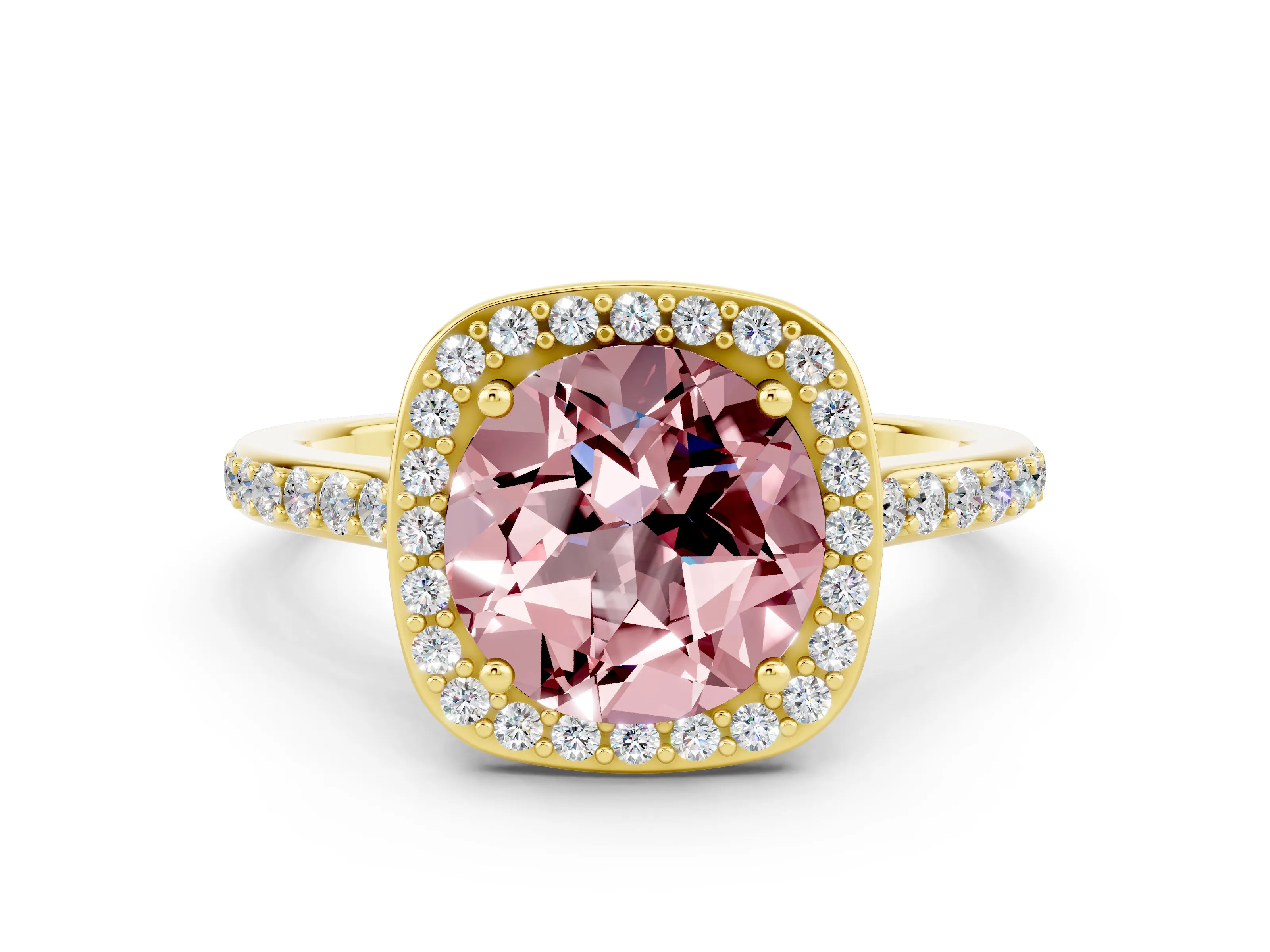 Yellow gold Round Cut Halo Round Diamond Pavé Band with Four-Prong Setting