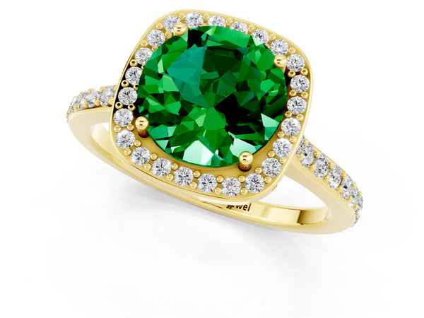 Yellow gold Round Cut Emerald Halo Engagement Ring with Round Pavé Shoulders and Prong Setting