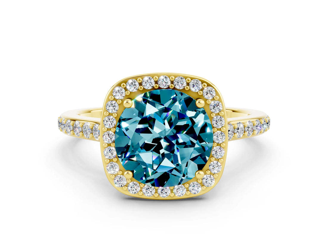 Yellow gold Round Cut Halo Round Diamond Pavé Band with Four-Prong Setting