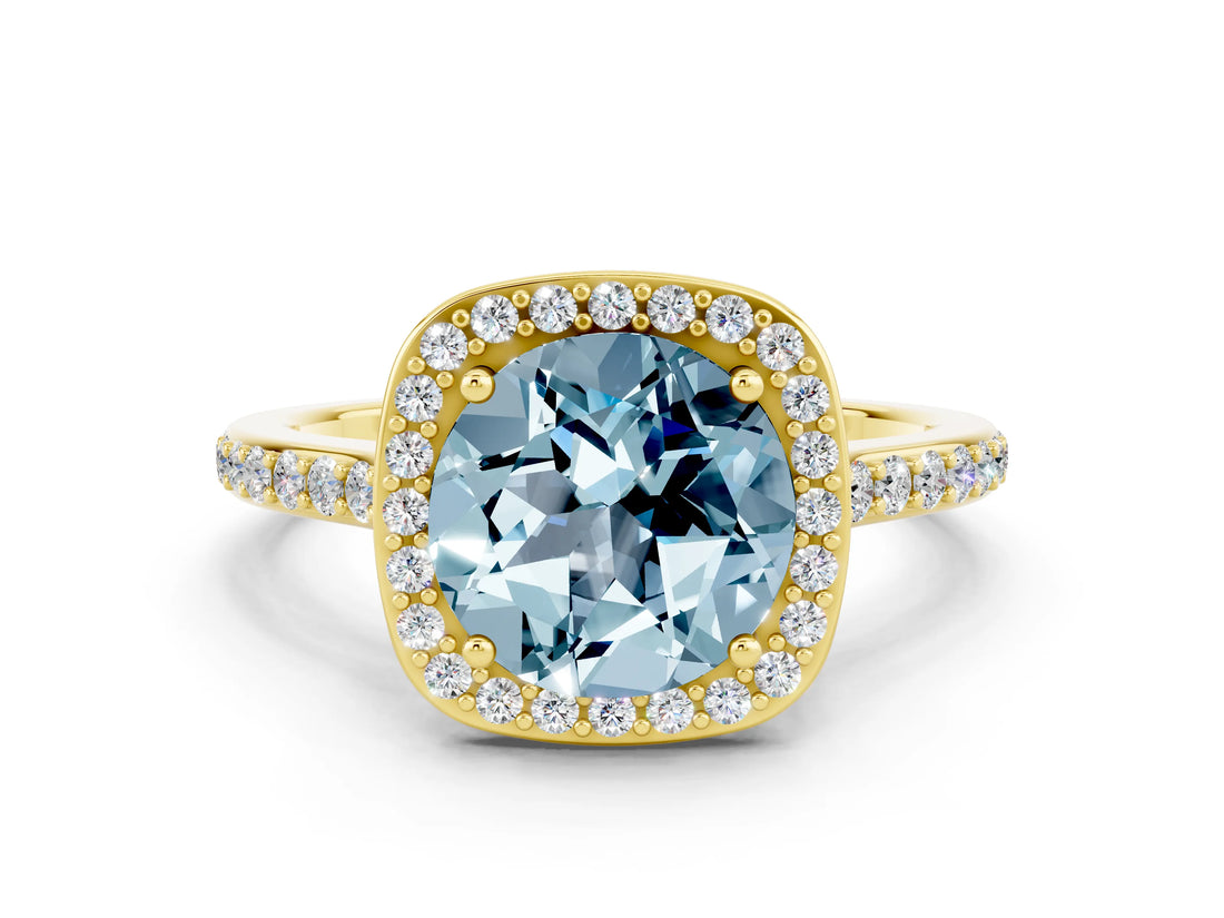 Yellow gold Round Cut Halo Round Diamond Pavé Band with Four-Prong Setting