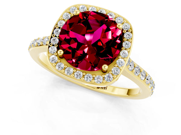 Yellow gold Round Cut Garnet Halo Engagement Ring with Round Pavé Shoulders and Prong Setting