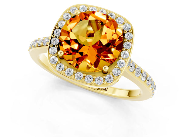 Yellow gold Round Cut Citrine Halo Engagement Ring with Round Pavé Shoulders and Prong Setting