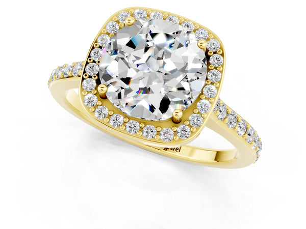 Yellow gold Round Cut Moissanite Halo Engagement Ring with Round Pavé Shoulders and Prong Setting