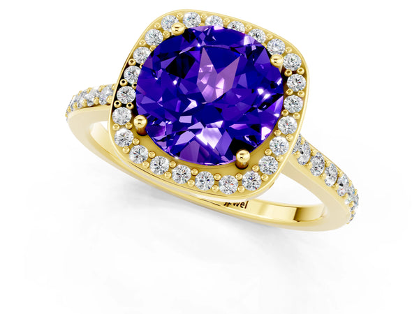 Yellow gold Round Cut Tanzanite Halo Engagement Ring with Round Pavé Shoulders and Prong Setting