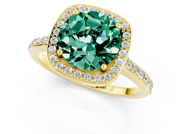 Yellow gold Round Cut Green Sapphire Halo Engagement Ring with Round Pavé Shoulders and Prong Setting