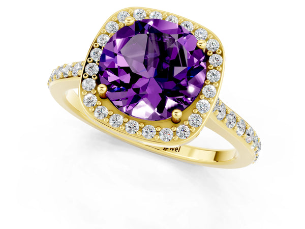 Yellow gold Round Cut Amethyst Halo Engagement Ring with Round Pavé Shoulders and Prong Setting