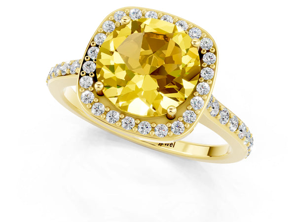 Yellow gold Round Cut Yellow Sapphire Halo Engagement Ring with Round Pavé Shoulders and Prong Setting