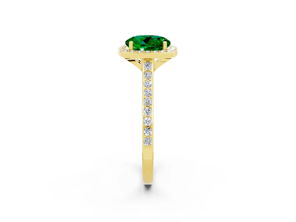 Yellow gold Round Cut Emerald Halo Engagement Ring with Round Pavé Shoulders and Prong Setting