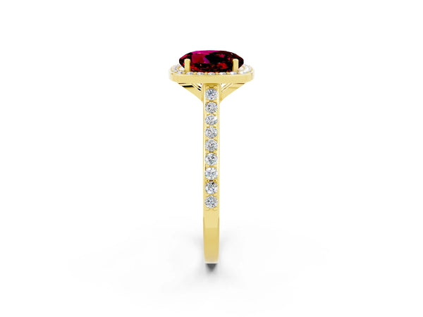 Yellow gold Round Cut Garnet Halo Engagement Ring with Round Pavé Shoulders and Prong Setting