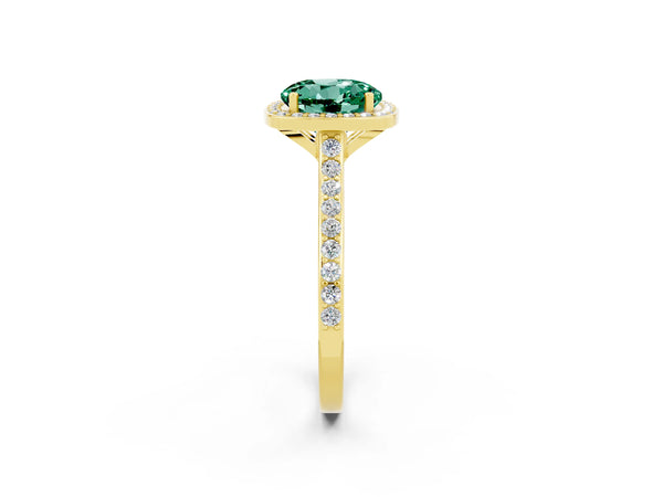 Yellow gold Round Cut Green Sapphire Halo Engagement Ring with Round Pavé Shoulders and Prong Setting