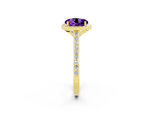 Yellow gold Round Cut Amethyst Halo Engagement Ring with Round Pavé Shoulders and Prong Setting