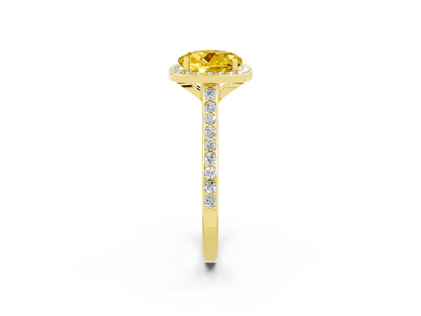 Yellow gold Round Cut Yellow Sapphire Halo Engagement Ring with Round Pavé Shoulders and Prong Setting