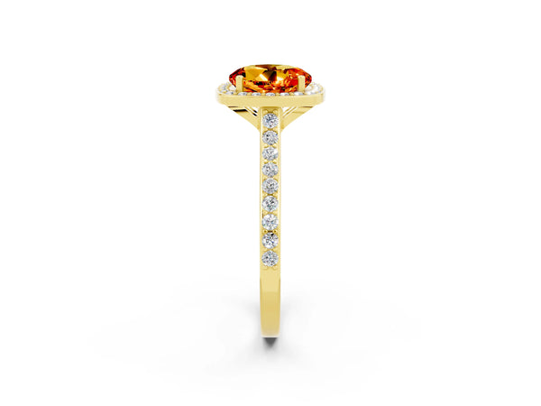 Yellow gold Round Cut Citrine Halo Engagement Ring with Round Pavé Shoulders and Prong Setting