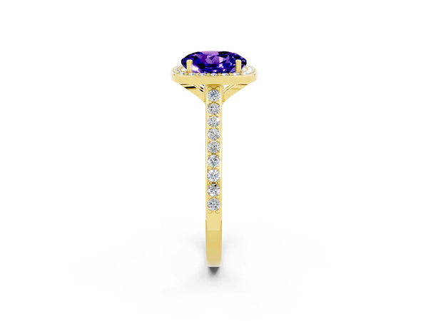 Yellow gold Round Cut Tanzanite Halo Engagement Ring with Round Pavé Shoulders and Prong Setting