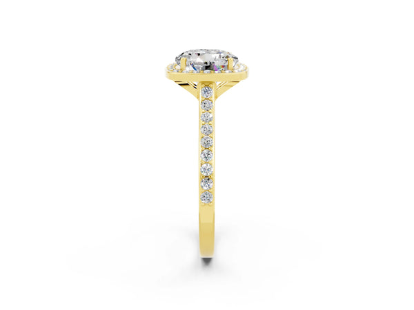Yellow gold Round Cut Moissanite Halo Engagement Ring with Round Pavé Shoulders and Prong Setting