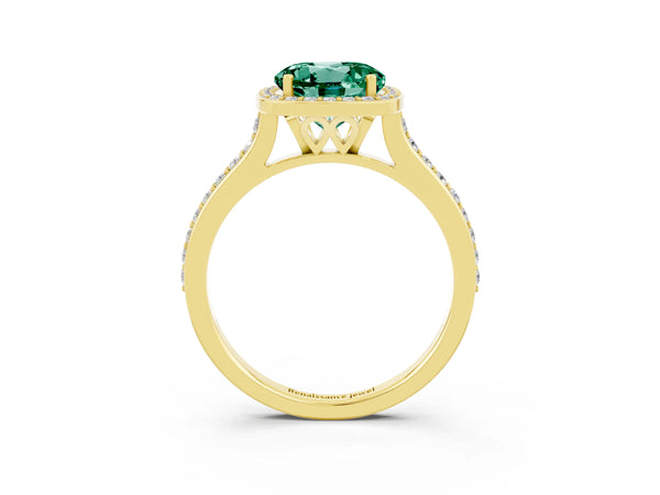 Yellow gold Round Cut Green Sapphire Halo Engagement Ring with Round Pavé Shoulders and Prong Setting