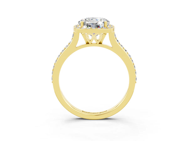 Yellow gold Round Cut Moissanite Halo Engagement Ring with Round Pavé Shoulders and Prong Setting