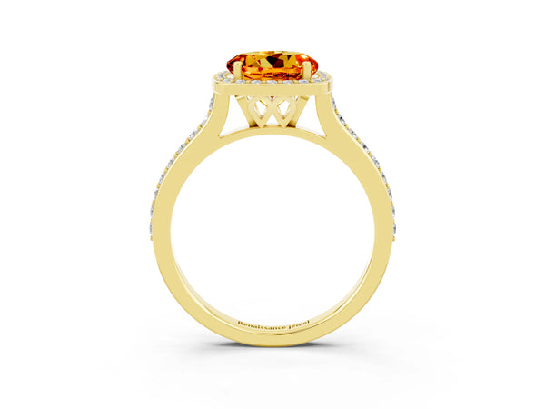 Yellow gold Round Cut Citrine Halo Engagement Ring with Round Pavé Shoulders and Prong Setting