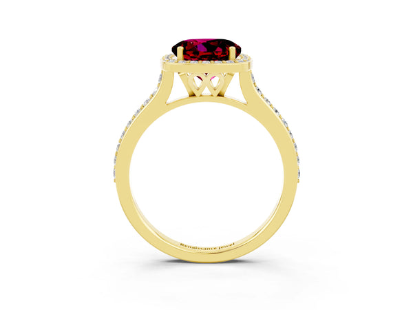 Yellow gold Round Cut Garnet Halo Engagement Ring with Round Pavé Shoulders and Prong Setting