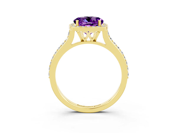 Yellow gold Round Cut Amethyst Halo Engagement Ring with Round Pavé Shoulders and Prong Setting