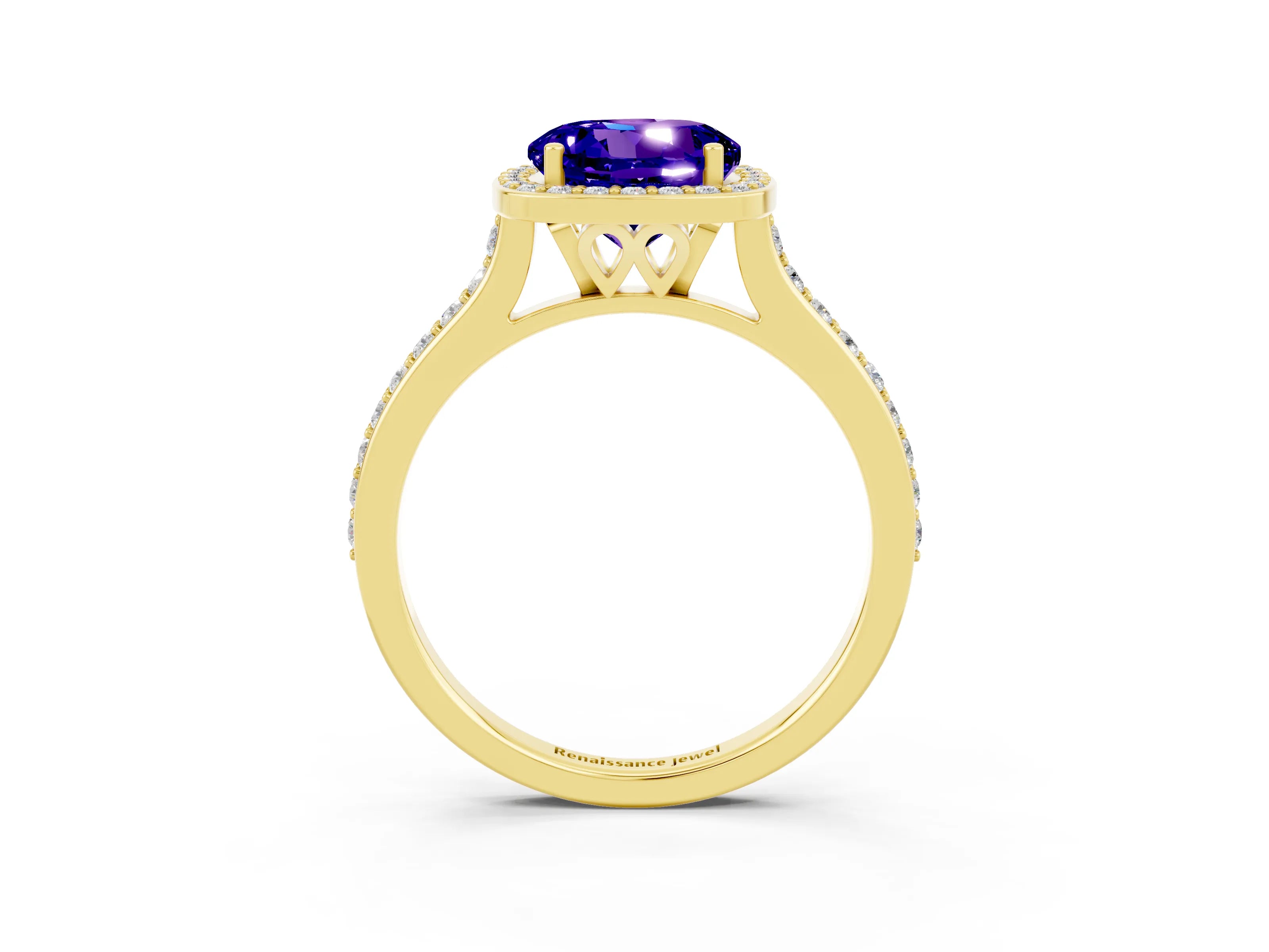 Yellow gold Round Cut Halo Round Diamond Pavé Band with Four-Prong Setting_3