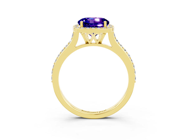 Yellow gold Round Cut Tanzanite Halo Engagement Ring with Round Pavé Shoulders and Prong Setting