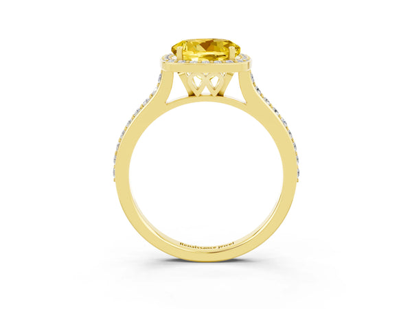 Yellow gold Round Cut Yellow Sapphire Halo Engagement Ring with Round Pavé Shoulders and Prong Setting
