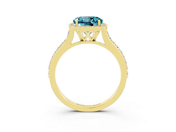 Yellow gold Round Cut Halo Round Diamond Pavé Band with Four-Prong Setting