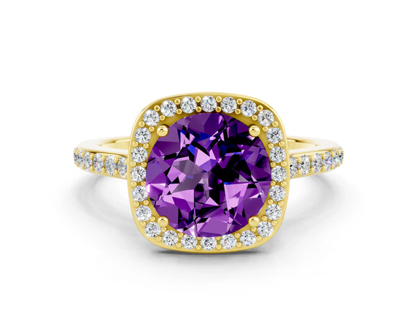 Yellow gold Round Cut Amethyst Halo Engagement Ring with Round Pavé Shoulders and Prong Setting