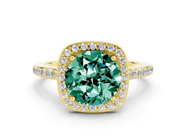 Yellow gold Round Cut Green Sapphire Halo Engagement Ring with Round Pavé Shoulders and Prong Setting