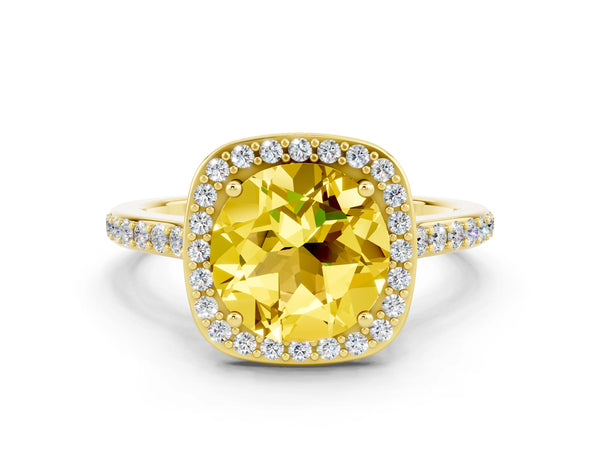 Yellow gold Round Cut Yellow Sapphire Halo Engagement Ring with Round Pavé Shoulders and Prong Setting