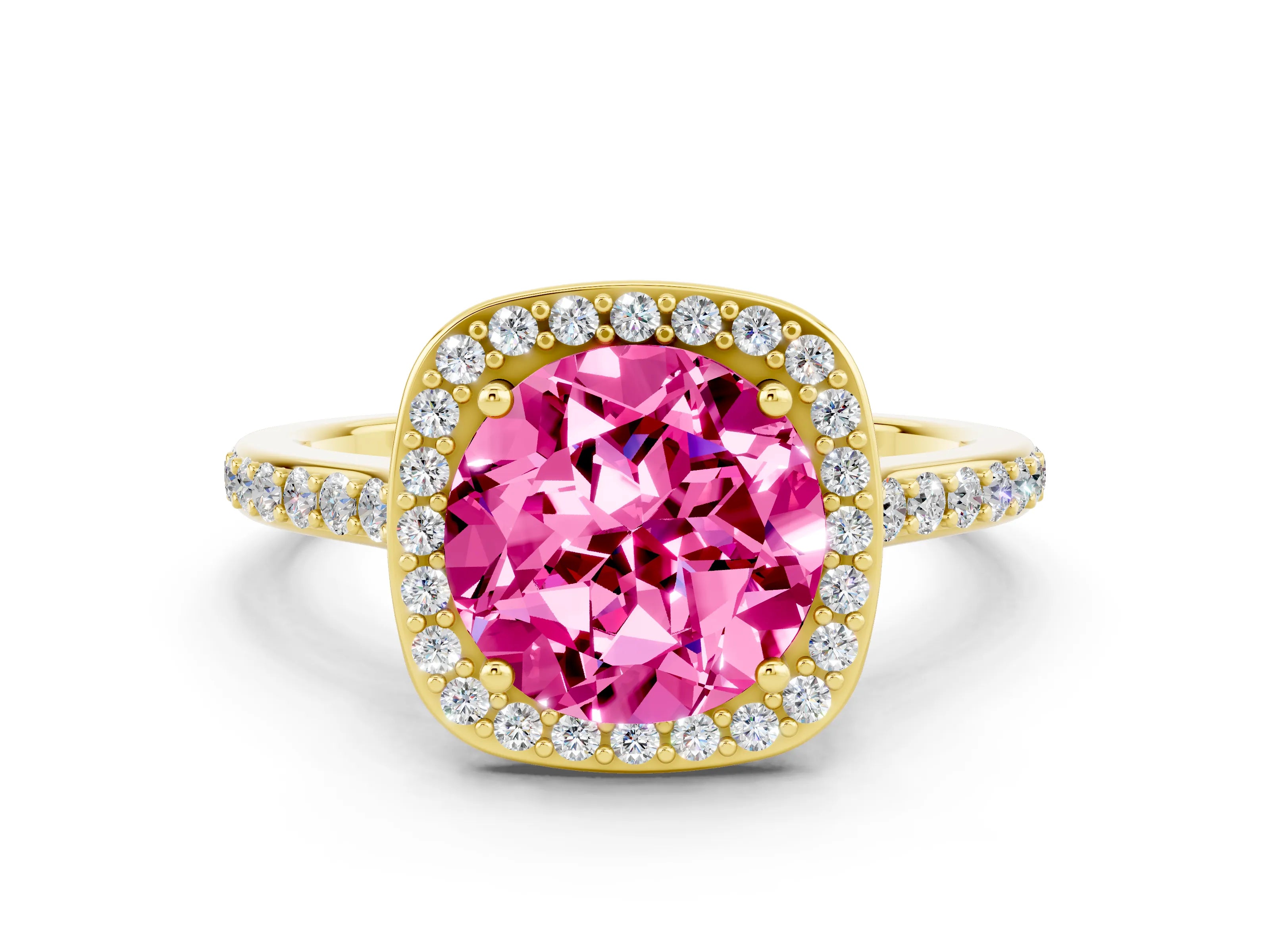 Yellow gold Round Cut Halo Round Diamond Pavé Band with Four-Prong Setting