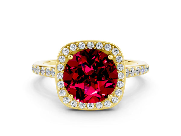 Yellow gold Round Cut Garnet Halo Engagement Ring with Round Pavé Shoulders and Prong Setting