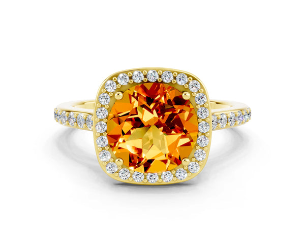 Yellow gold Round Cut Citrine Halo Engagement Ring with Round Pavé Shoulders and Prong Setting