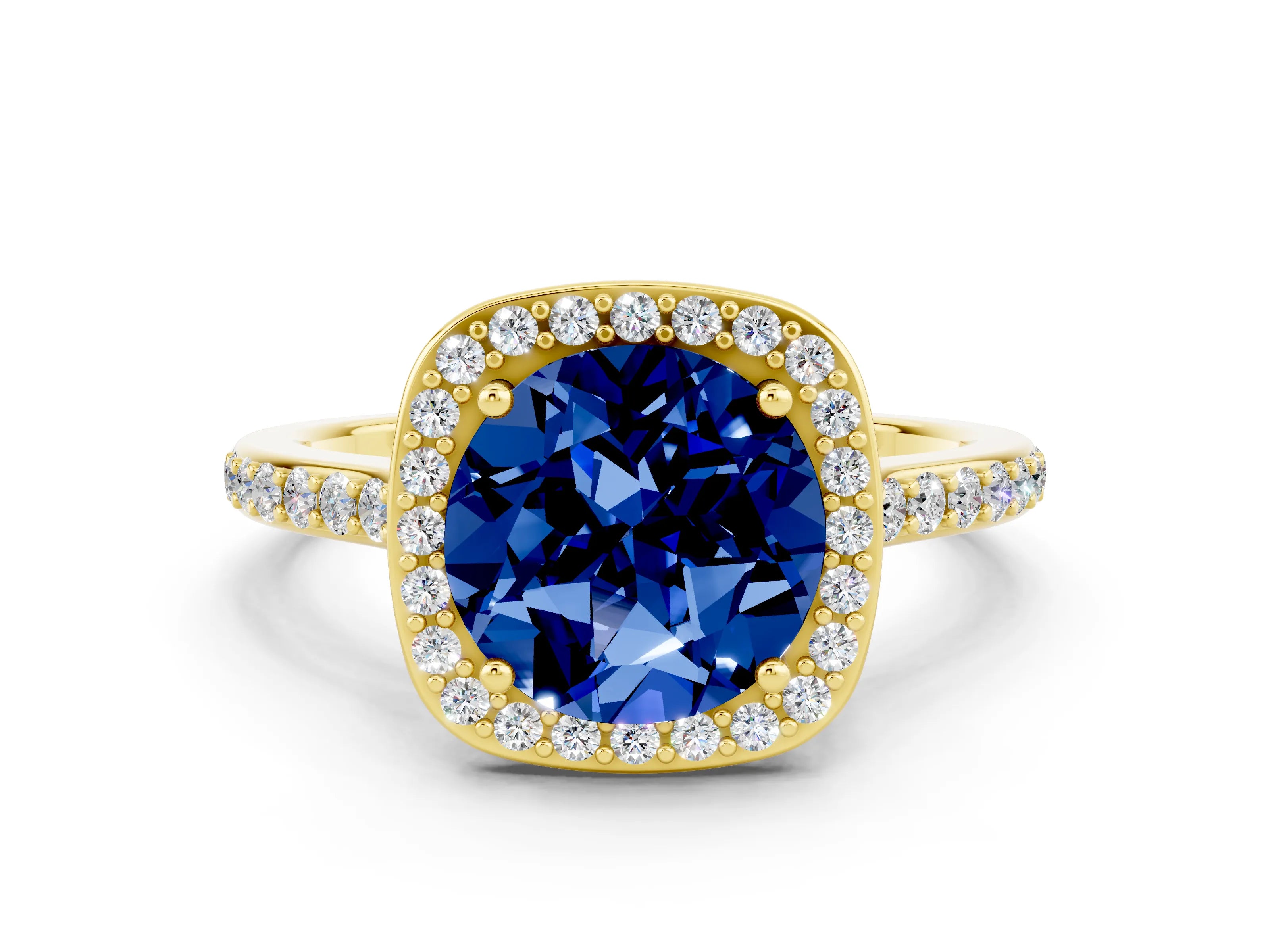 Yellow gold Round Cut Halo Round Diamond Pavé Band with Four-Prong Setting