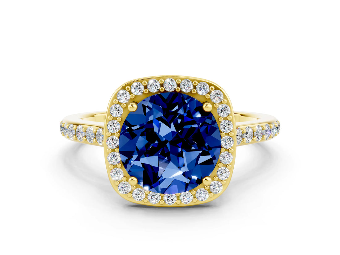 Yellow gold Round Cut Halo Round Diamond Pavé Band with Four-Prong Setting
