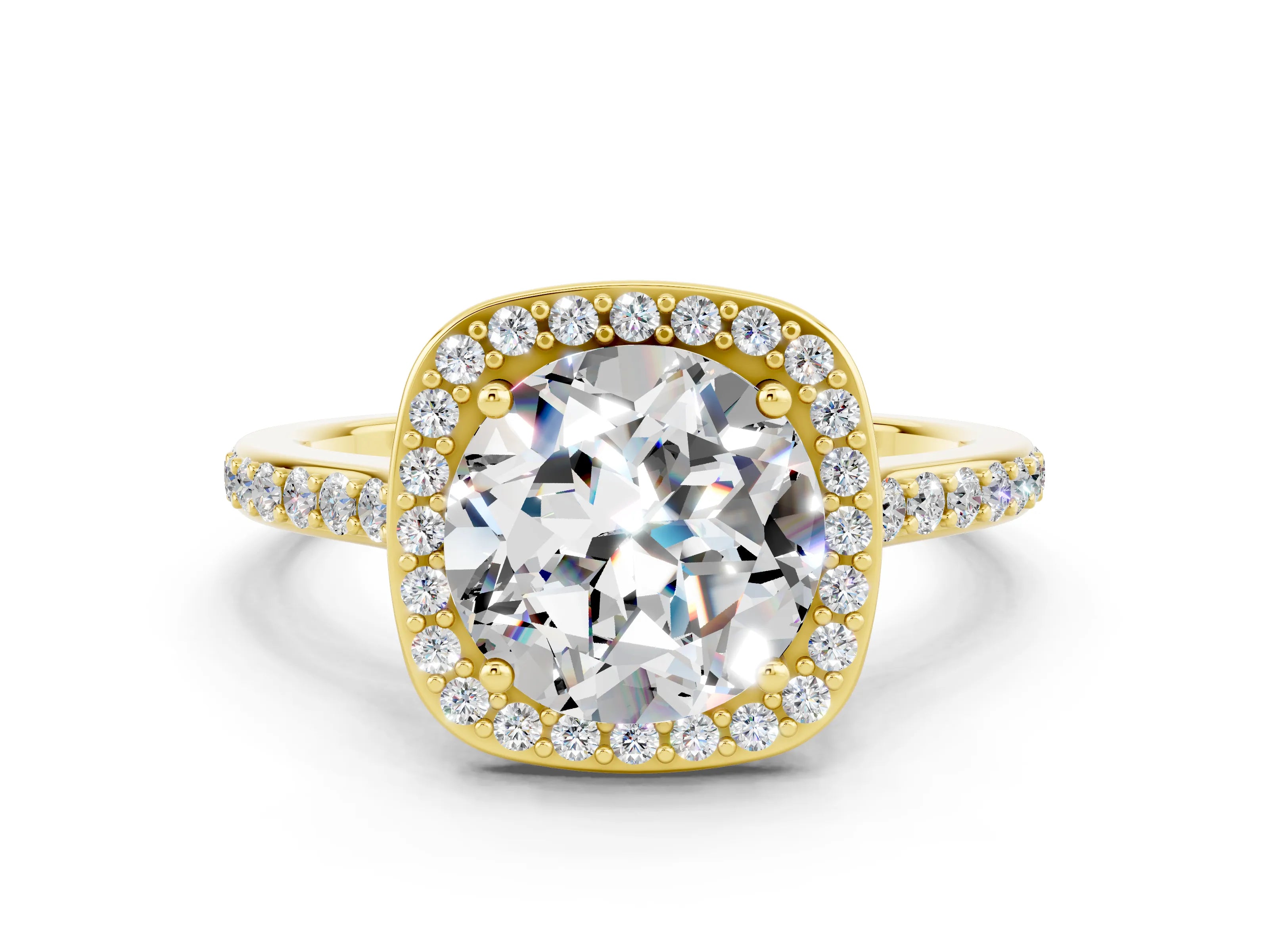 Yellow gold Round Cut Halo Round Diamond Pavé Band with Four-Prong Setting