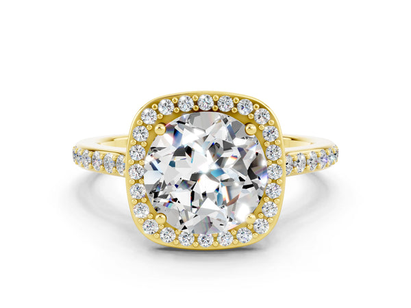 Yellow gold Round Cut Moissanite Halo Engagement Ring with Round Pavé Shoulders and Prong Setting