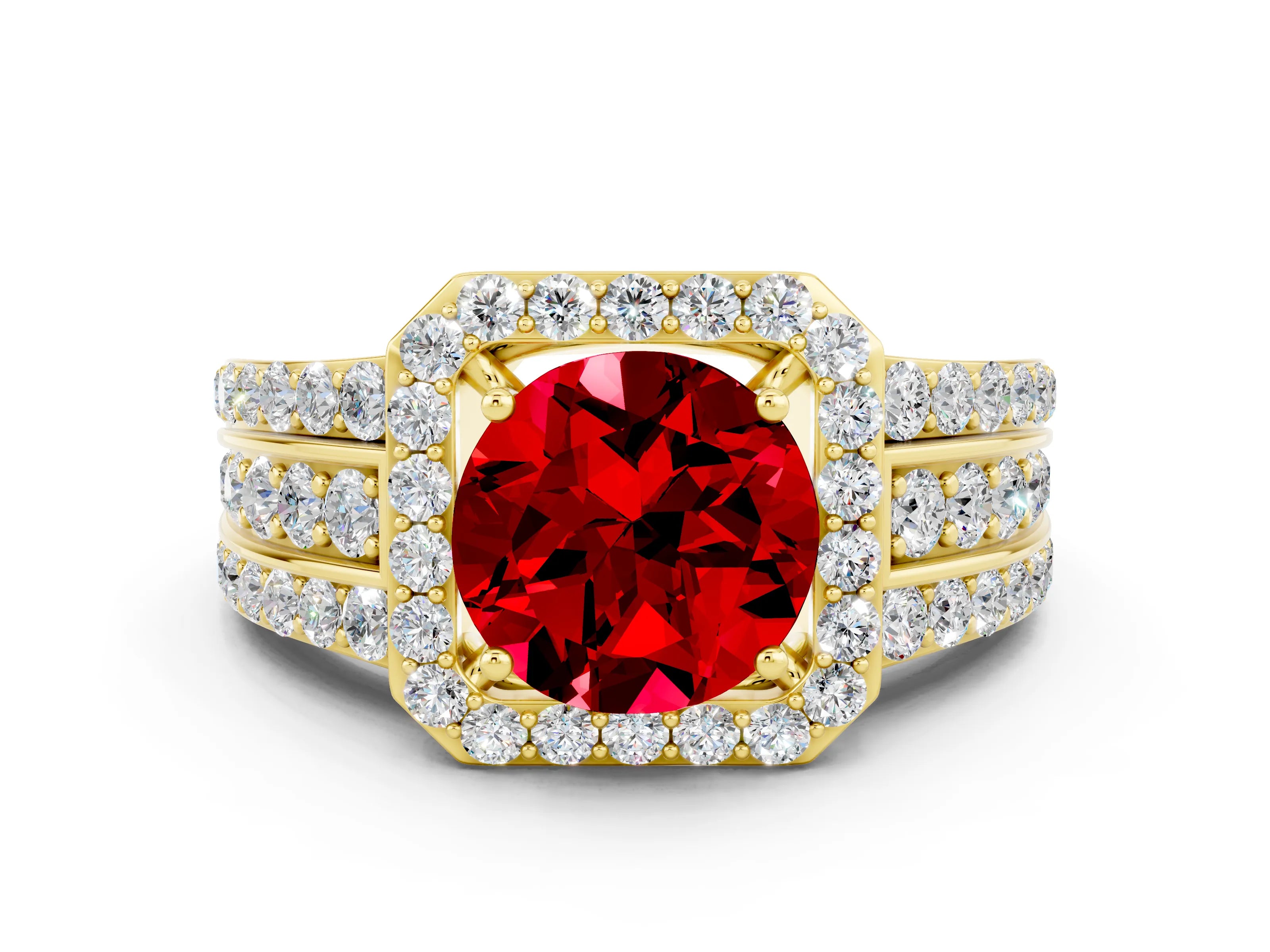 Yellow gold Round Cut Halo Ruby Ring with Split Shank and Four-Prong Setting