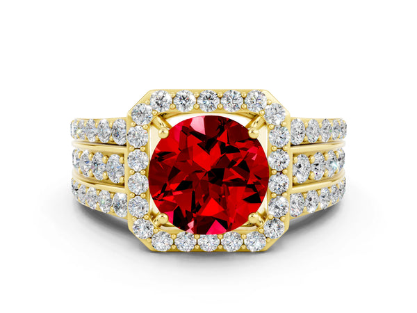 Yellow gold Round Cut Halo Ruby Ring with Round  Split Shank and Prong Setting