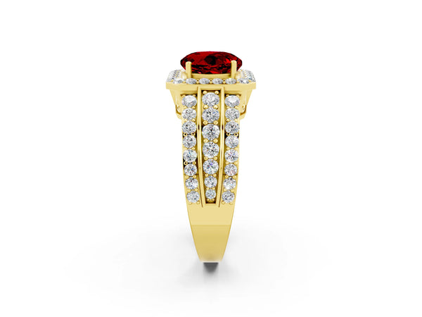 Yellow gold Round Cut Halo Ruby Ring with Round  Split Shank and Prong Setting