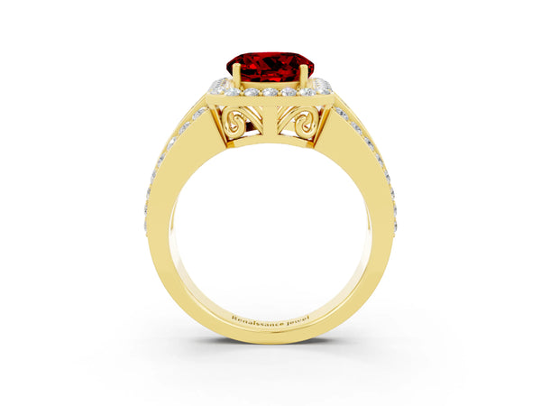 Yellow gold Round Cut Halo Ruby Ring with Round  Split Shank and Prong Setting