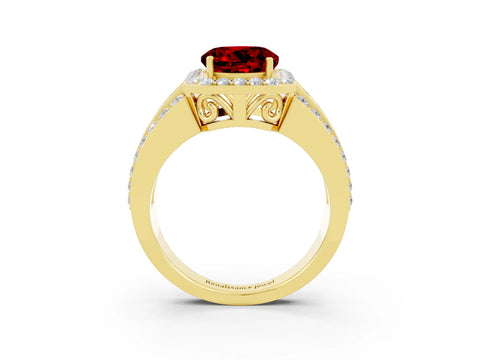 Yellow gold Round Cut Halo Ruby Ring with Split Shank and Four-Prong Setting_3