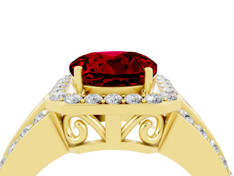 Yellow gold Round Cut Halo Ruby Ring with Split Shank and Four-Prong Setting_4
